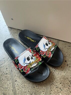 Ed Hardy Black Slides with White Skull and Red Rose Graphic